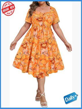Plus Size Boho Midi Dress Sweetheart Neck Short Sleeve Empire Waist with Pocket